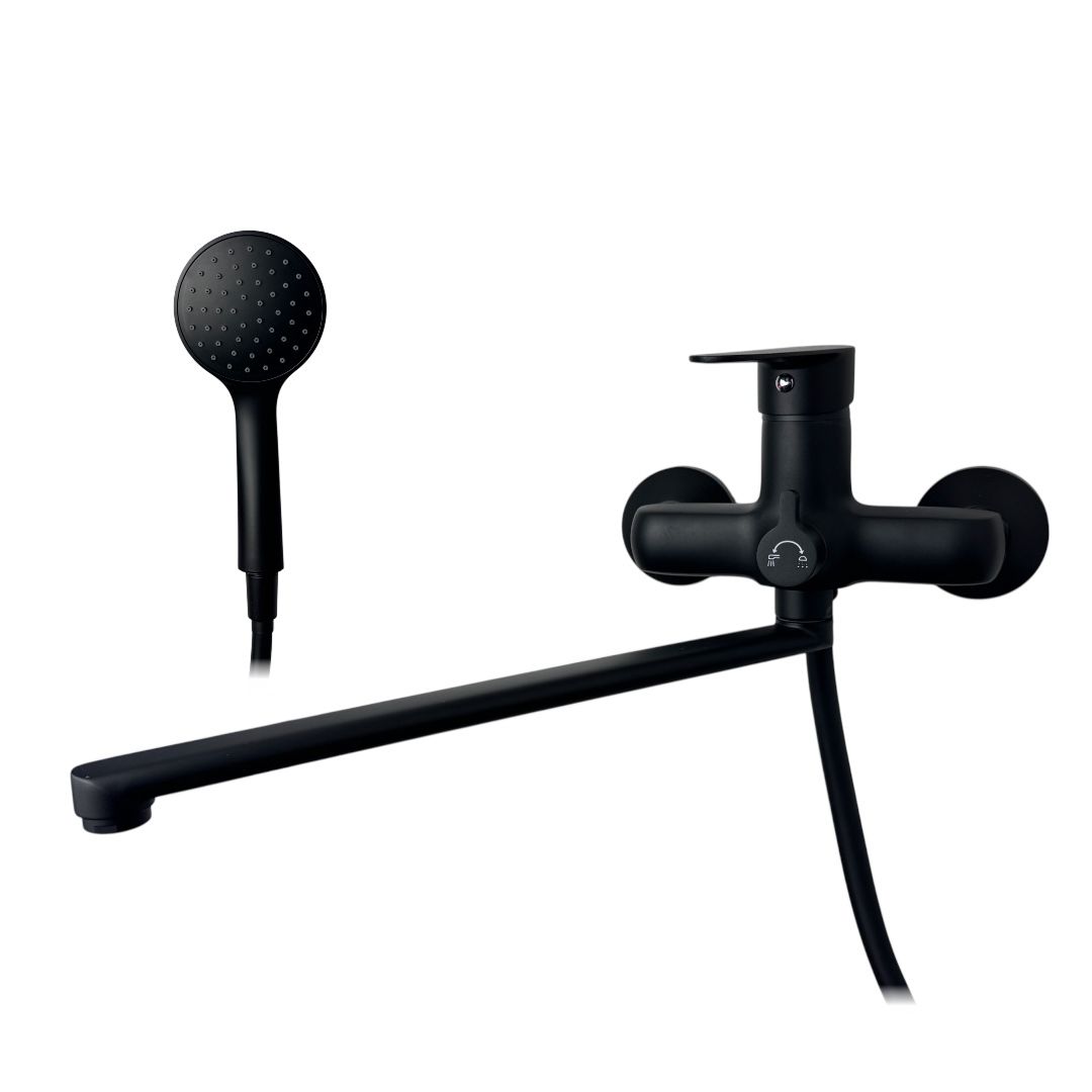 Смеситель для ванны VEROSA SV-07-01-B Чёрный (излив плоский 35 см., картридж D35, держатель, шланг,